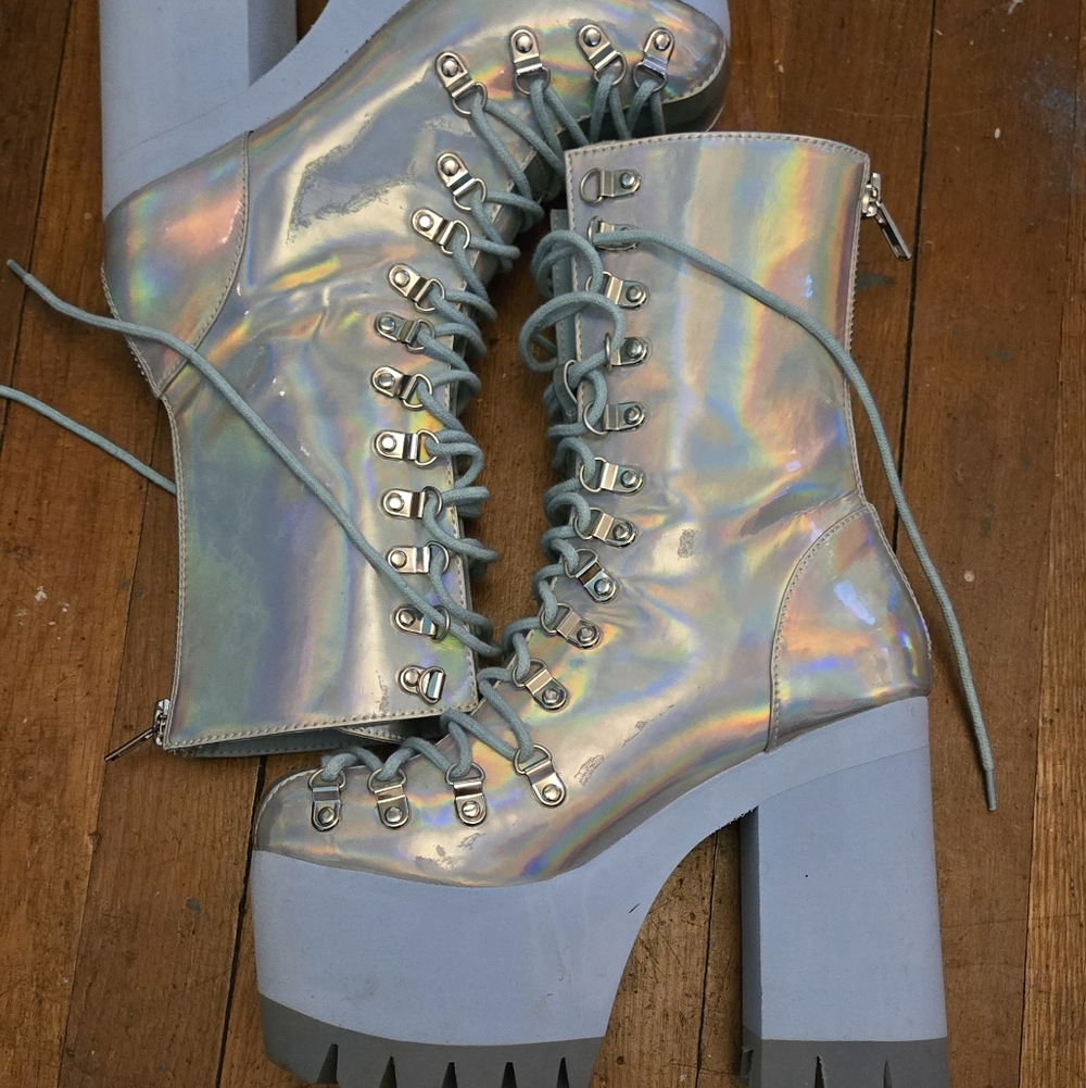 Dolls Kill Iridescent Lace-Up Platform Boots